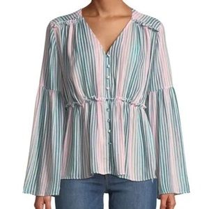 Catherine Malandrino blouse, striped chiffon,Small, pink white blue, bell sleeve